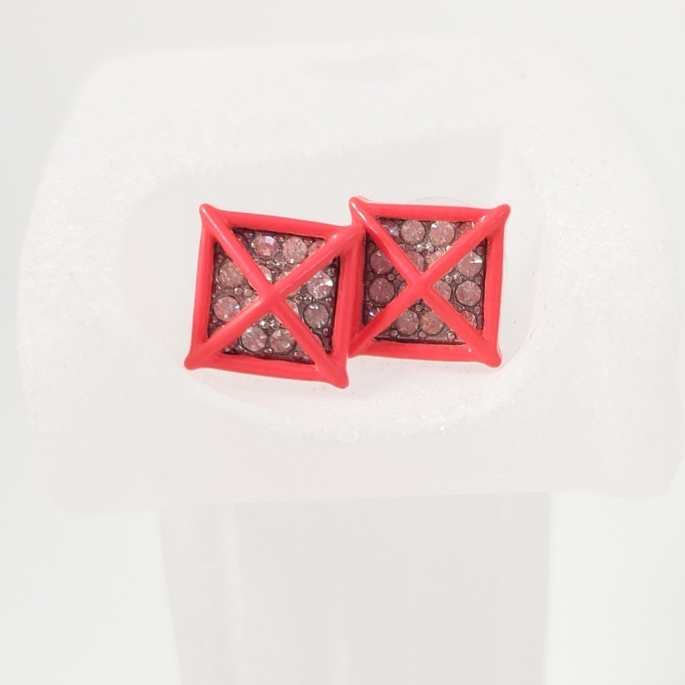 J. Crew Pave Posts Post-back Earrings red coral vivid bold pave rhinestones